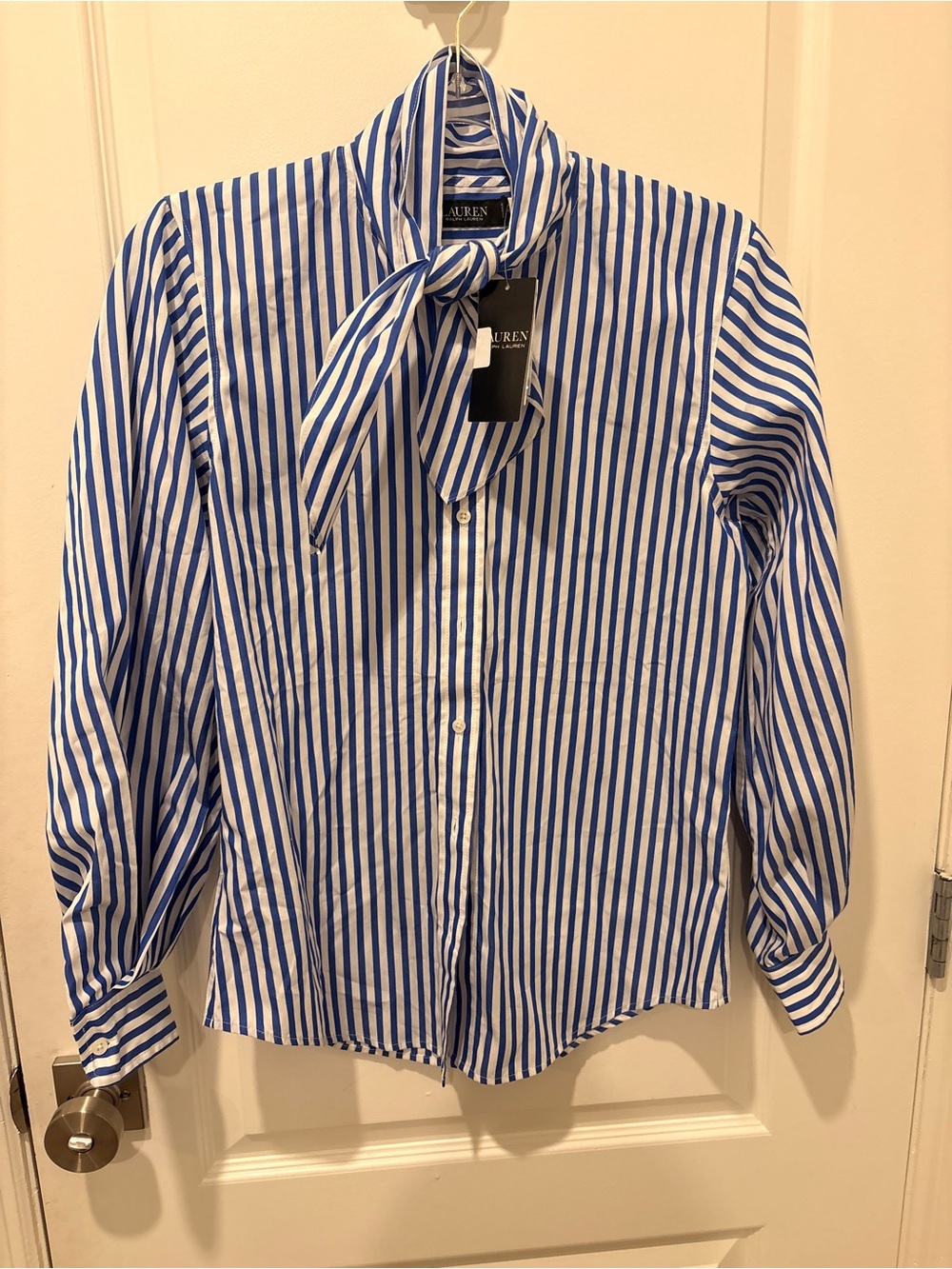 Ralph Lauren Blue & White Striped Tie-Neck Shirt